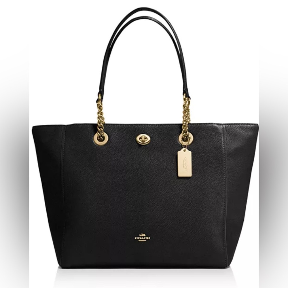 COACH Turnlock Chain Tote in Polished Pebble Leather. Gold tone hardware